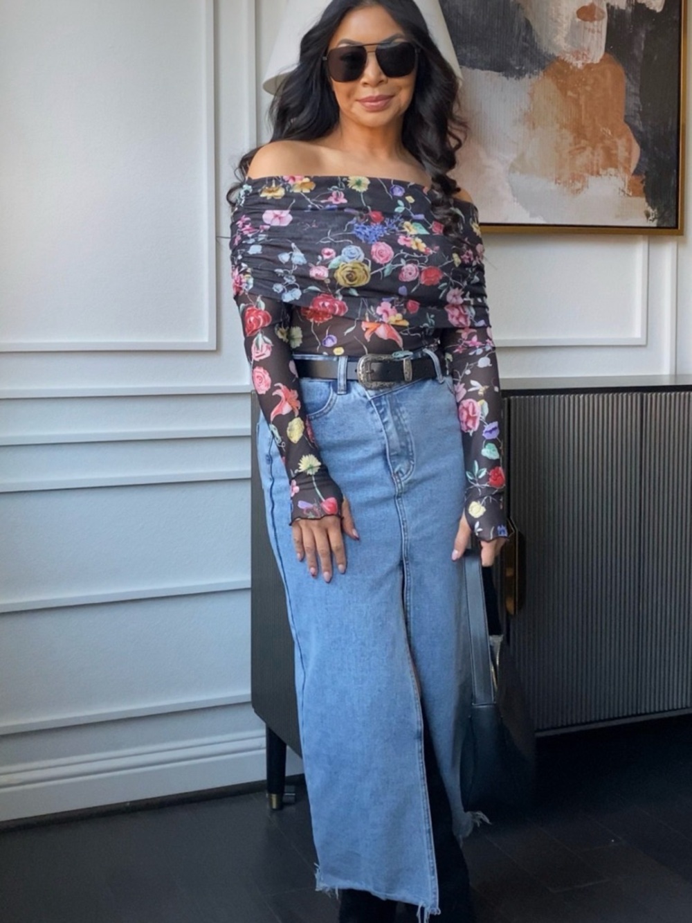 Promesa Black Floral Off-Shoulder Sheer Bodysuit